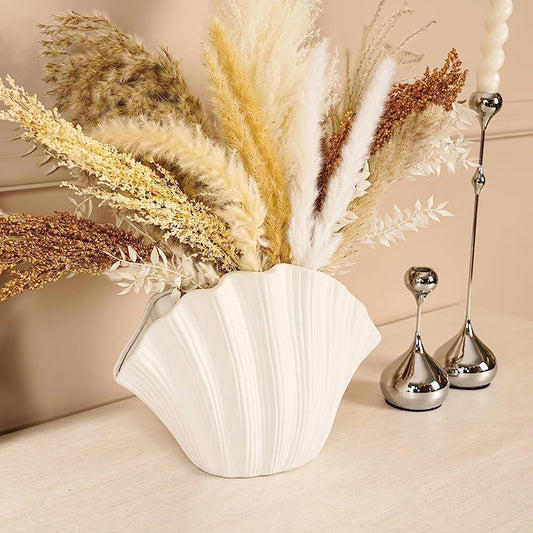 White Shell Shaped Ceramic Vase for Nordic Style Home Decor Tabletop Artificial Flower Plant Holder Unique Aesthetic Room Decor